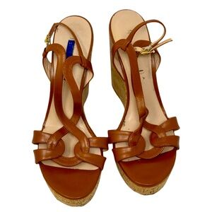 STUART WEITZMAN Cressa Adjustable Buckled Ankle Strap Leather Wedge Sandals Sz 9